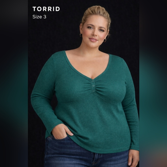 Torrid Women’s Teal Ribbed Long Sleeve Button Front Top Polyester Rayon Size 3 - Picture 1 of 10
